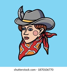 Hand drawn cowboy girl tattoo illustration