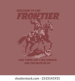 HAND DRAWN COWBOY HORSE ANIMAL EQUESTRIAN WESTERN DESERT WILD WEST VINTAGE TSHIRT TEE PRINT FOR APPAREL MERCHANDISE