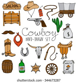 Hand drawn cowboy icons set 
