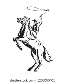 Hand drawn cowboy with lasso on rearing horse. Rodeo vector illustration. Black isolated on white background. 