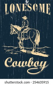 Hand drawn of cowboy riding horse on a wooden sign, vector