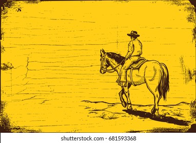 Hand drawn cowboy riding horse on a wooden board, vector