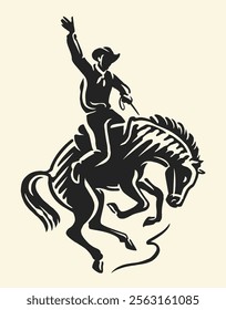 Hand drawn cowboy riding wild horse in motion during rodeo event. Competition, extreme sport emblem symbol