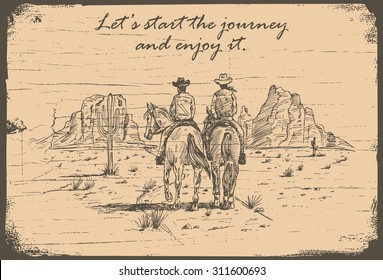 Hand drawn of cowboys riding horses in desert on a wooden sign