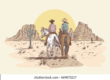 Hand drawn cowboys riding horses in desert at sunset.