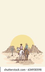 Hand drawn cowboys riding horses in desert at sunset.