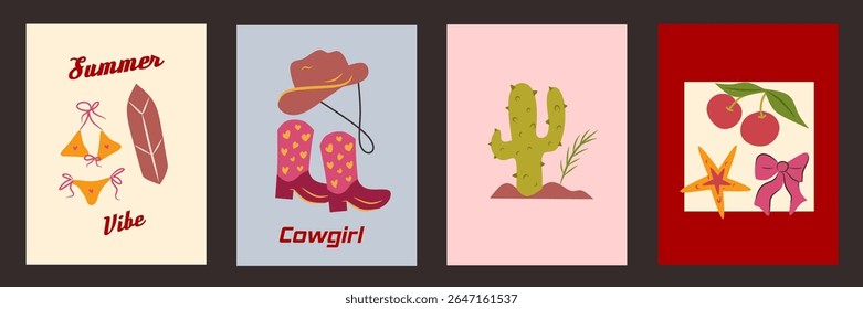 Hand drawn cowgirl coquettish cute illustration set, vector western bachelorette hand drawn party. Minimalist colorful background for card, poster, invitation, social media, printables collection.