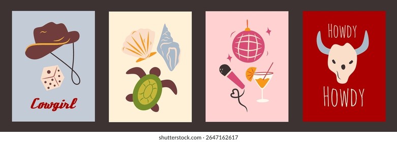 Hand drawn cowgirl coquettish cute illustration set, vector western bachelorette hand drawn party. Minimalist colorful background for card, poster, invitation, social media, printables collection.