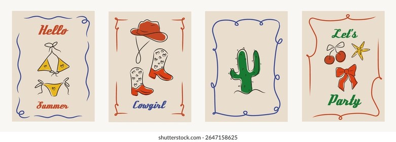Hand drawn cowgirl coquettish illustration set, vector western bachelorette hand drawn party, ribbon, bow. Minimalist Line art. Whimsical style poster, invitation, social media, printables collection.
