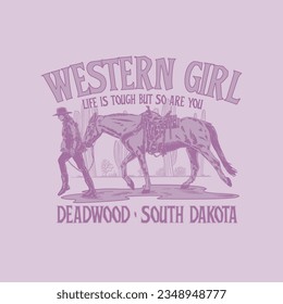 HAND DRAWN COWGIRL COWBOY WILD WEST WESTERN DESERT LANDSCAPE NATURE OUTDOORS CACTUS HORSE ANIMAL GIRL PERSON PEOPLE WOMAN SADDLE RIDE DESTINATION AMERICA TSHIRT TEE PRINT FOR APPAREL MERCHANDIS