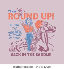 HAND DRAWN COWGIRL HORSE ANIMAL RODEO COWBOY WESTERN RETRO WOMAN GIRL VINTAGE TSHIRT TEE PRINT FOR APPAREL MERCHANDISE