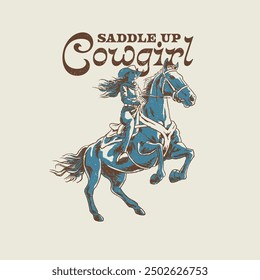 HAND DRAWN COWGIRL HORSE ANIMAL EQUESTRIAN COWBOY WESTERN DESERT VINTAGE TSHIRT TEE PRINT FOR APPAREL MERCHANDISE