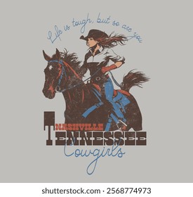 HAND DRAWN COWGIRL HORSE ANIMAL RODEO COWBOY WESTERN RETRO WOMAN GIRL VINTAGE TSHIRT TEE PRINT FOR APPAREL MERCHANDISE