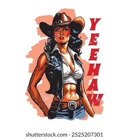 PERSONAS DE VAQUERA DIBUJADAS A MANO MUJER PIN UP VAQUERO WESTERN DESERT ANTIGUAS TSHIRT TEE PRINT PARA MERCANCÍA DE ROPA