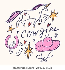 Hand Drawn Cowgirl Western Woman Horse Pony Cute Animal Bundle Set Vintage Cowboy Girl Pink Branding Merchandize Lettering Whimsical Doodles Clipart Illustrations Coquettish Apparel For T-shirt Print