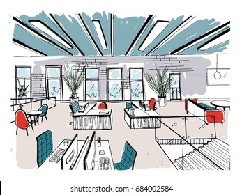 Hand drawn coworking cluster. Modern office interiors, open space. workspace with computers, laptops, lighting and place for rest. Colorful horizontal vector sketch illustration.