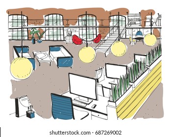 Hand drawn coworking cluster. Modern office interior, open space. workspace with computers, laptops, lighting and place for rest. Colorful horizontal vector sketch illustration.