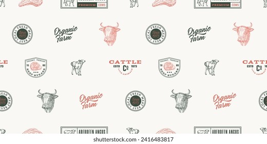 Hand Drawn Cows Illustrations and Typography Lettering Vector Seamless Background Pattern. Beef Meat Steaks and Cattle Farm Products Sketches Card, Wrapping or Cover Template