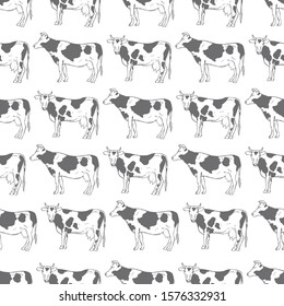 Hand drawn cows on white background. Vector  seamless pattern.