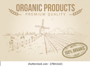 Hand drawn of cows and rice field with text organic products, EPS 10