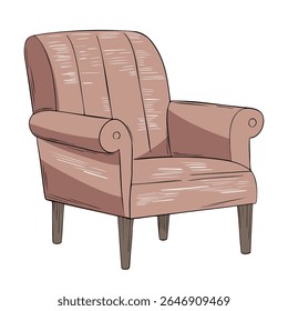 Hand drawn cozy armchair in pastel sketch style with black outline. Home furniture illustration
