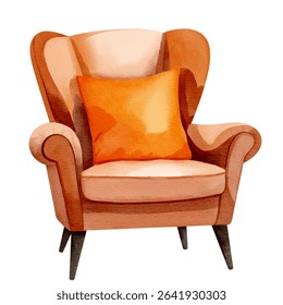 Hand drawn cozy autumn armchair with pillow. Watercolor illustration
 perfect for fall interior design
