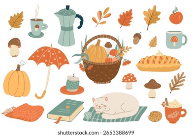 Hand drawn cozy autumn clipart set with pie, pumpkin, coffee mugs, mushrooms, leaves, and cat. Perfect for fall greeting cards, stickers, and seasonal projects.