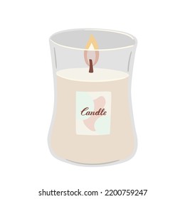 Hand drawn cozy burning candle in a glass jar isolated on white background. Aromatherapy flat vector illustration. Romantic atmosphere