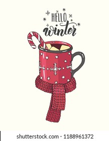 Hand drawn cozy Cup of hot chocolate with marshmallow, candy and knitting scarf in sketch style. Lettering calligraphy phrase-Hello Winter. Hand made quote. Merry Christmas and Happy New Year 