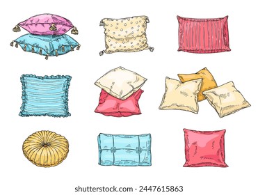 Hand drawn cozy cushions collection for sofa or bed. Vector of cushion cozy pillow illustration, home comfortable, soft and comfort fabric illustration