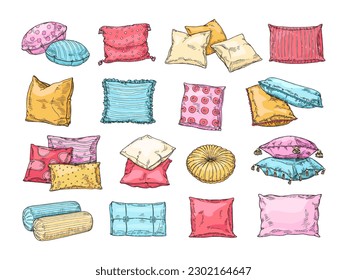 Colchones cómodos dibujados a mano. Esbozar almohadas de cama con motivos textiles, accesorios de doodle para dormir ilustraciones vectoriales conjunto de almohada cómodos cojín para cama y dormitorio