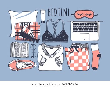 Hand drawn  cozy fashion illustration. Creative ink art work. Actual vector drawing. Night  set: plaid, bra, laptop, mask, book, pajamas, sock