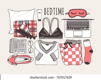 Hand drawn  cozy fashion illustration. Creative ink art work. Actual vector drawing. Night  set: plaid, bra, laptop, mask, book, pajamas, sock