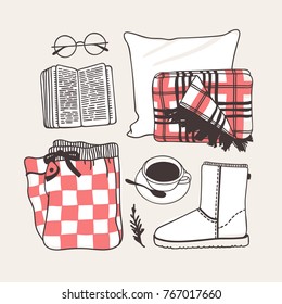 Hand drawn cozy fashion illustration. Creative ink art work. Actual vector drawing. Weekend set:book, glasses, pajamas, plaid, coffee