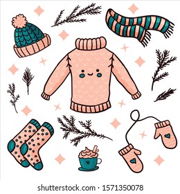 Hand drawn  cozy illustration. Creative ink artwork. Large winter clothes set with a sweater, hat, scarf, socks, mittens, a cup of cocoa, Christmas tree branches. Cute cartoon set collection.