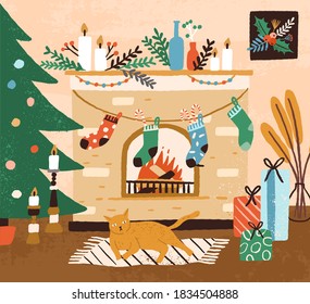 Hand drawn cozy interior with Christmas tree and cat lying near fireplace vector flat illustration. Xmas decorations at hygge home. Cozy holiday room with kitten, socks, gift boxes and candles