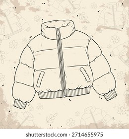 Hand Drawn Cozy Puffer Jacket Line Art Illustration on Patterned Background, Warm Winter Outerwear Sketch, Cute Floral Clothing Artwork Style