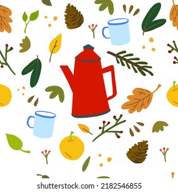 hand drawn cozy seamless pattern with autumn leaves, coffee pot and mug