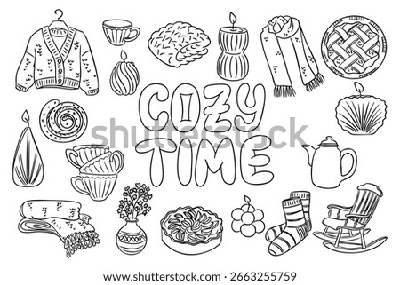 Hand drawn cozy themed doodles with sweaters, candles, tea, pies and text Cozy time. Concept of warmth, comfort and relaxation for autumn or winter lifestyle