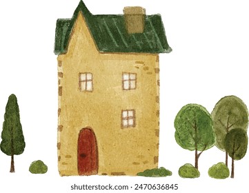 Hand drawn cozy watercolor house with a green roof