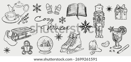 Hand drawn cozy winter elements: teapot, mittens, nutcracker, sled, ice skates, snow globe, gifts, citrus tea, gingerbread, snowflakes. Vector sketch illustration in vintage crayon charcoal style