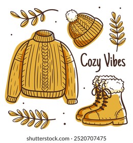 hand drawn of a cozy winter outfit. knitted sweater, woolen hat, and fur boots with Cozy Vibes inscription. Yellow knitwear set, perfect for seasonal designs, fashion, and winter themed projects