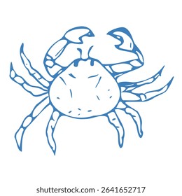 Hand drawn crab in doodle style. Mediterranean blue summer icon, element for italian menu, wedding, print, invitation. Ink sketch design of summer beach. Flat tropical minimalist vector illustration.