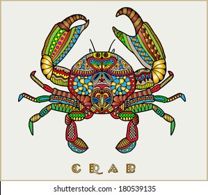 Hand drawn crab, patterned design, vector sketch ornament, colorful illustration