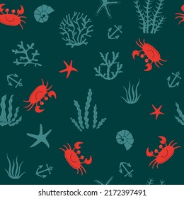 Hand Drawn Crab, Sea Shells, Seaweed And Stars Seamless Pattern. For Fabric, Wallpaper, Wrapping Paper, Textile, Bedding, T-shirt Print.

