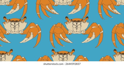 Hand drawn Crab. Seafood shop, restaurant menu, fish market, banner, poster, print template. Fresh seafood, shellfish product. Trendy Vector illustration. Flat design. Seamless Pattern.