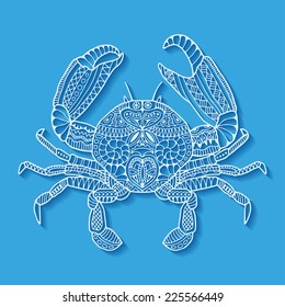 Hand drawn crab with shadow, lace pattern, vector geometric ornament, white on blue background