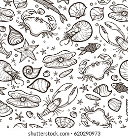 Hand drawn crab and shell seamless pattern on white background. Seafood sketch.