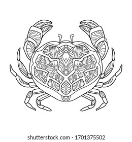 Hand drawn crab with small pattern on white isolated background. Sea animal illustration. For coloring book pages.