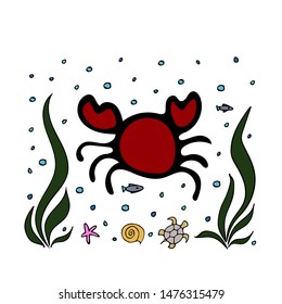 Hand drawn crab. Underwater life. Vector illustration. EPS 10.